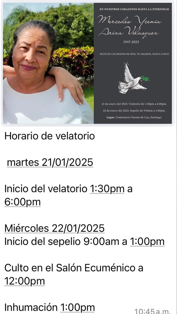 sorayasuarezprm's tweet photo. A todos los que nos acompañaron con sus oraciones, gracias infinitas desde el corazón de cada miembro de mi familia.  
Mi mamá acaba de partió en los brazos del señor la noche de ayer lunes. Convencidos estamos todos los que la conocieron que está al lado de Dios  y desde arriba viéndonos y desde ya mandando se su fuerza y voluntad para que podamos seguir adelante, haciendo en cada día lo mejor que nos enseñó, ser hombres y mujeres de bien. 
Gracias por las oraciones, los afectos, mensajes y llamadas.  
Dios con cada uno de nosotros y sea también con ustedes 🕊️💔😢