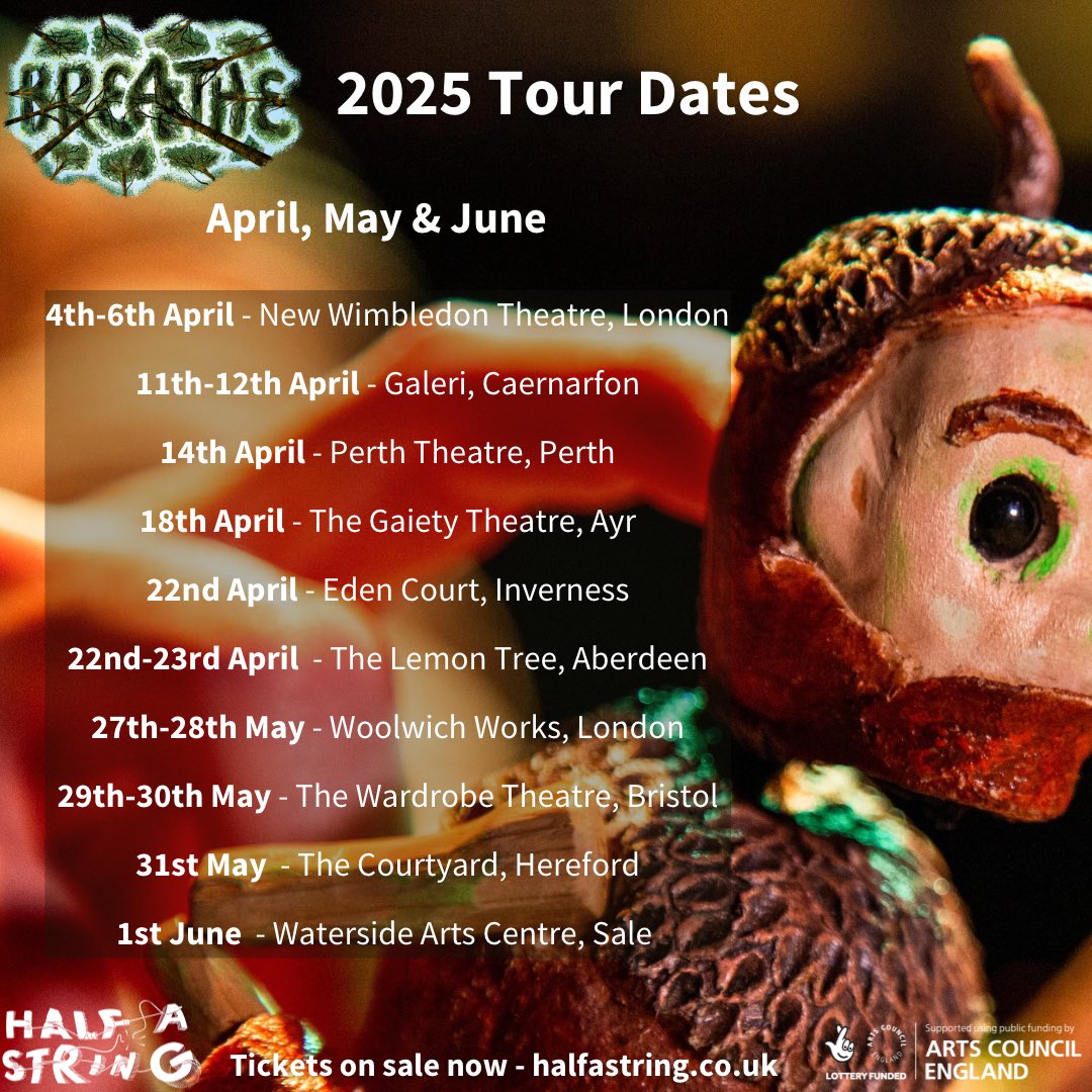 Breathe is back on tour this Spring!🌱

Told from the perspective of an acorn, find the epic in the tiny with intricate puppetry and set design, live camera projection and a beautiful fusion of drum &amp; bass and folk music! 

Tickets available now via the link in our bio 🎟️🌟