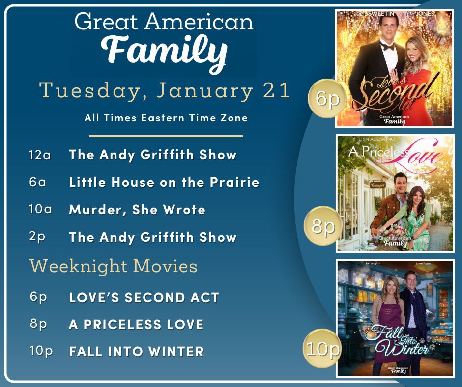 CattLovesMovies's tweet photo. Itโs a terrific Tuesday!
#WeeknightMovies tonight on @GAfamilyTVโ
โ๏ธ#LovesSecondAct 6pET/3pPT
โ๏ธ#APricelessLove 8pET/5pPT
โ๏ธ#FallIntoWinter 10pET/7pPT
๐ฑ๐๐ฌ
@billabbottHC #GreatAmericanFamily #GFam #WelcomeHome #StoriesWellTold #Greatfuls https://t.co/RTaPnJMQRP