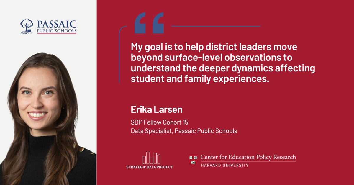 Strategic Data Project (@harvardsdp) on Twitter photo 👋 Meet Erika Larsen! Next up in our new series profiling members of #SDPfellow Cohort 15 (2023-2025) is Erika, a Data Specialist at <a href="/PassaicSchools/">Passaic Public Schools</a> in New Jersey. Read our Q+A with Erika and her supervisor
🔗 ow.ly/IQ3S50UFrQh 👋 Meet Erika Larsen! Next up in our new series profiling members of #SDPfellow Cohort 15 (2023-2025) is Erika, a Data Specialist at <a href="/PassaicSchools/">Passaic Public Schools</a> in New Jersey. Read our Q+A with Erika and her supervisor
🔗 ow.ly/IQ3S50UFrQh