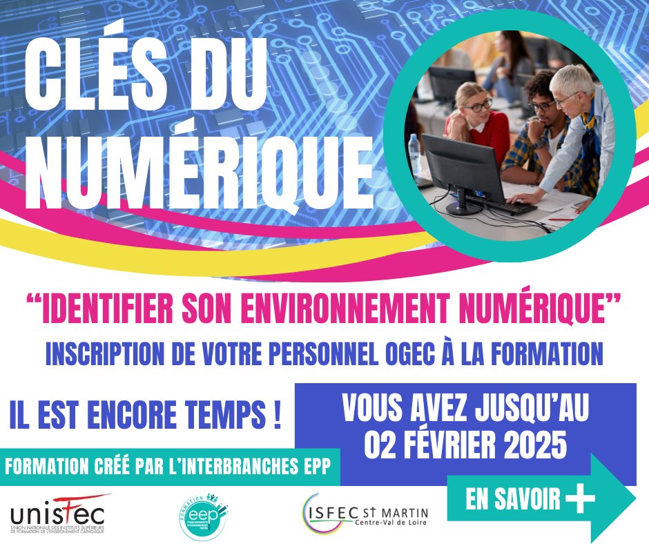 IsfecSt's tweet image. Il est encore temps !
Ne laissez pas passer cette occasion de former vos équipes aux compétences numériques clés pour l&apos;avenir. 
Date limite d’inscription : 2 février 2025
Pour plus d&apos;infos ou pour vous inscrire, contactez-nous 02.47.60.26.43.
#formation #numérique #isfec #OGEC