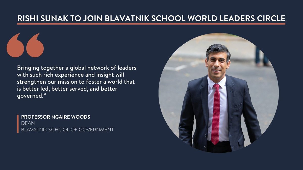 BlavatnikSchool's tweet photo. We are delighted to welcome former PM and @UniofOxford alum @RishiSunak to the School as a Distinguished Fellow and member of our World Leaders Circle. 

https://t.co/DF0Rwdz5lm https://t.co/51x9eAUfhv