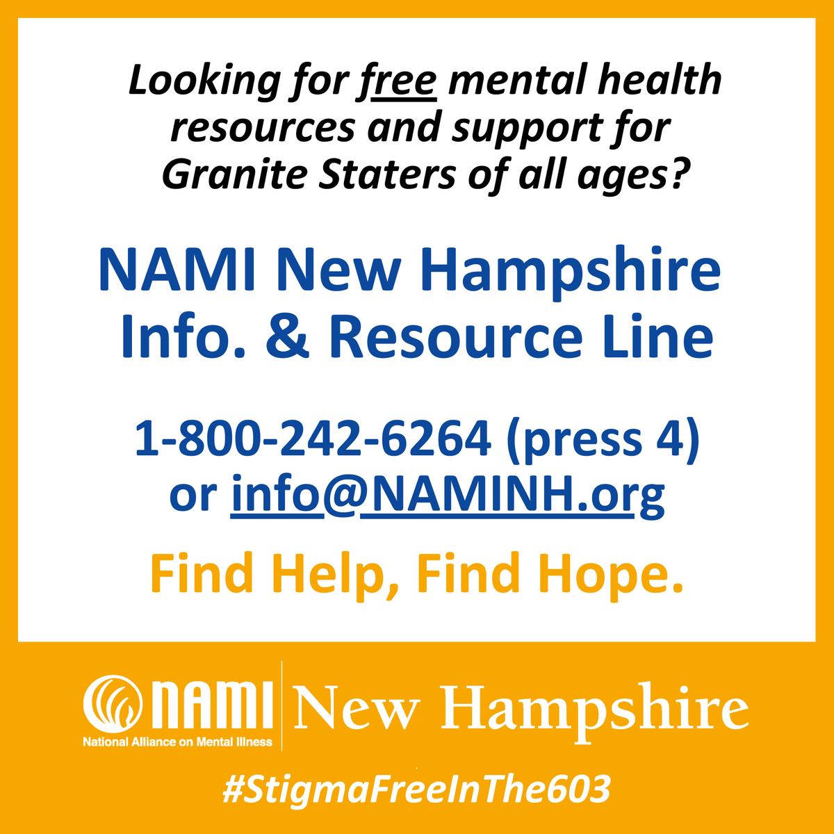 NAMI New Hampshire (@nami_nh) on Twitter photo You are not alone. 💚
To connect with free NH mental health resources & support for Granite Staters of all ages, contact NAMI NH's Info. & Resource Line at 1-800-242-6264 (press 4) or info@NAMINH.org.
#MentalHealthMatters #StigmaFreeInThe603 You are not alone. 💚
To connect with free NH mental health resources & support for Granite Staters of all ages, contact NAMI NH's Info. & Resource Line at 1-800-242-6264 (press 4) or info@NAMINH.org.
#MentalHealthMatters #StigmaFreeInThe603