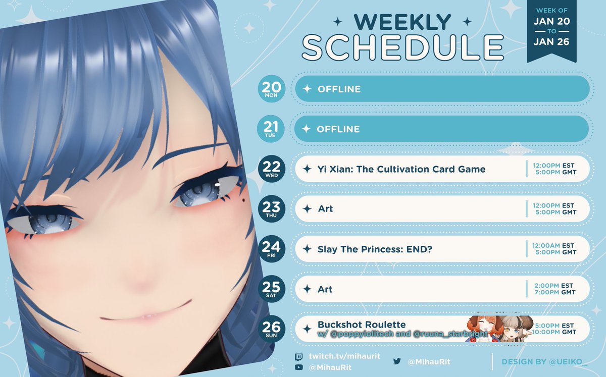 MihauRit's tweet photo. 📜Schedule. I'm back. January is ending soon and I did barely anything. I have a lot to draw so I'll focus on some more on art. https://t.co/rq57eCk0PI