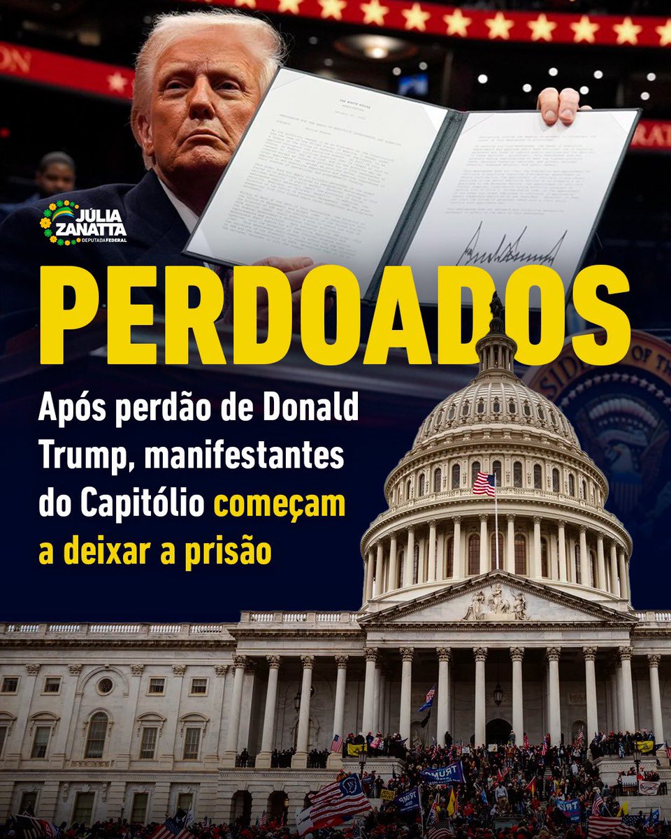 apropriajulia's tweet photo. Manifestantes do Capitólio começaram a deixar a prisão na manhã desta terça-feira. A liberdade vem após o perdão assinado por Trump nas primeiras horas do seu novo mandato. 🙌

Aqui no Brasil continuamos nossa luta pela ANISTIA dos presos políticos do 8 de janeiro. A justiça há de ser feita!

“O documento também determina que o Departamento de Justiça e o Escritório de Prisões garantam a imediata emissão dos certificados de perdão e a libertação dos detidos. Além disso, Trump instruiu o novo procurador-geral a buscar a anulação de todas as acusações pendentes contra indivíduos relacionados aos eventos de 6 de janeiro.” Via @revistaoeste