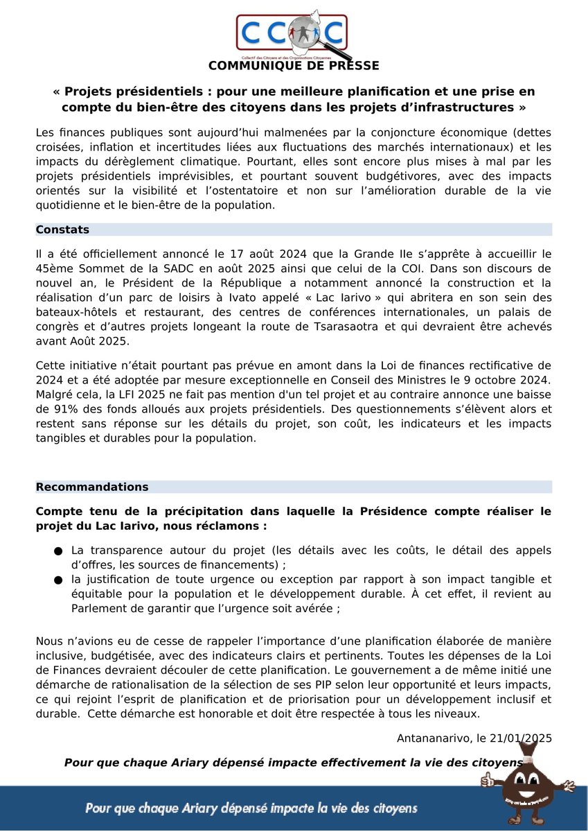 CCOCMadagascar's tweet photo. COMMUNIQUE DE PRESSE
« Projets présidentiels : pour une meilleure planification et une prise en compte du bien-être des citoyens dans les projets d’infrastructures »

Antananarivo, le 21  janvier 2025 https://t.co/KmO99cSf20