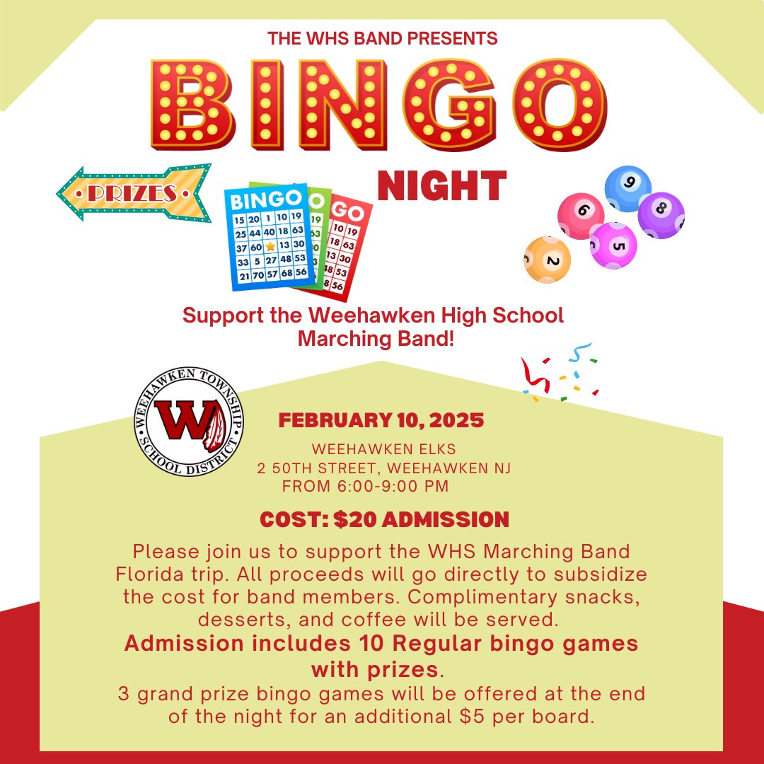Weehawken Schools (@weehawkentsd) on Twitter photo Support the <a href="/WeehawkenBand/">Weehawken Band</a>’s Bingo Night! 2.10.25! Proceeds benefit band trip! 🎶 🥁 🪈 🎷
<a href="/EricCrespoEDU/">Eric Crespo</a> <a href="/FAmato53/">Francesca Amato</a> <a href="/al_orecchio/">Al Orecchio</a> <a href="/RobFerullo4/">Robert Ferullo</a> <a href="/StefanieCirill1/">Stefanie Cirillo</a> <a href="/SuzanneMera/">Mrs. Mera</a> <a href="/DeStefanoEDU/">Dr. Nicholas DeStefano</a> <a href="/MrsCullinane/">Jacqueline Cullinane</a> <a href="/bcalligy/">Brian Calligy</a> <a href="/BriannaReganEDU/">Brianna Regan</a> <a href="/JColasurdoEDU/">Jillian Colasurdo</a> <a href="/gioahmad/">Gio Ahmad</a> Support the <a href="/WeehawkenBand/">Weehawken Band</a>’s Bingo Night! 2.10.25! Proceeds benefit band trip! 🎶 🥁 🪈 🎷
<a href="/EricCrespoEDU/">Eric Crespo</a> <a href="/FAmato53/">Francesca Amato</a> <a href="/al_orecchio/">Al Orecchio</a> <a href="/RobFerullo4/">Robert Ferullo</a> <a href="/StefanieCirill1/">Stefanie Cirillo</a> <a href="/SuzanneMera/">Mrs. Mera</a> <a href="/DeStefanoEDU/">Dr. Nicholas DeStefano</a> <a href="/MrsCullinane/">Jacqueline Cullinane</a> <a href="/bcalligy/">Brian Calligy</a> <a href="/BriannaReganEDU/">Brianna Regan</a> <a href="/JColasurdoEDU/">Jillian Colasurdo</a> <a href="/gioahmad/">Gio Ahmad</a>