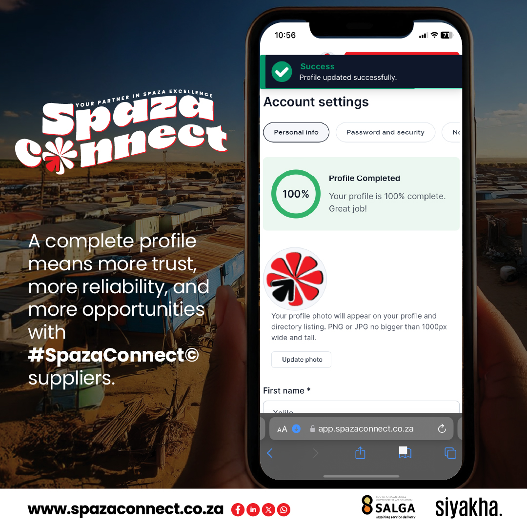 Spaza_Connect's tweet image. Why Your Profile Matters

A complete profile = more opportunities. Suppliers prefer shops with verified profiles for reliability and trust.

🔗 Log in today spazaconnect.co.za and complete yours!

Powered by SALGA in Partnership with Siyakha Consulting