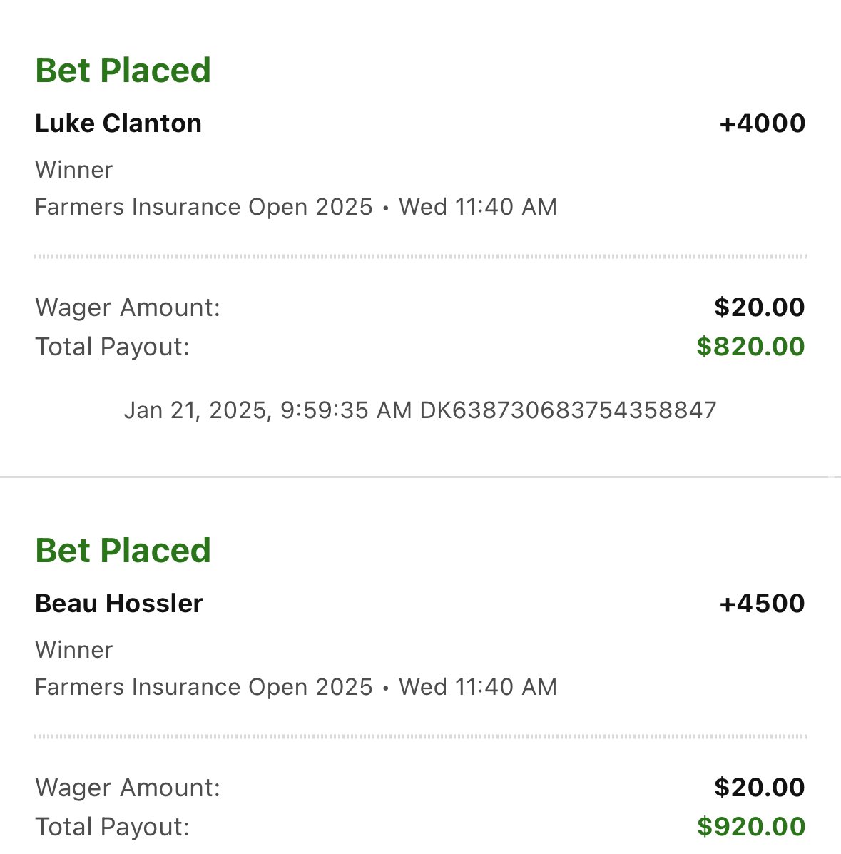 ⛳️ PGA Sony Open Outright Bets ⛳️

All Placed for 0.2U

Greyserman +2500
Homa +3000
Clanton +4000
Hossler +4500
Eckroat +6000
Norgaard +5500

We hit Straka Last Week and Matsuyama Week 1! Let’s get another winner 🔥

Powered by <a href="/CheddarPrinters/">Cheddar Printers</a>