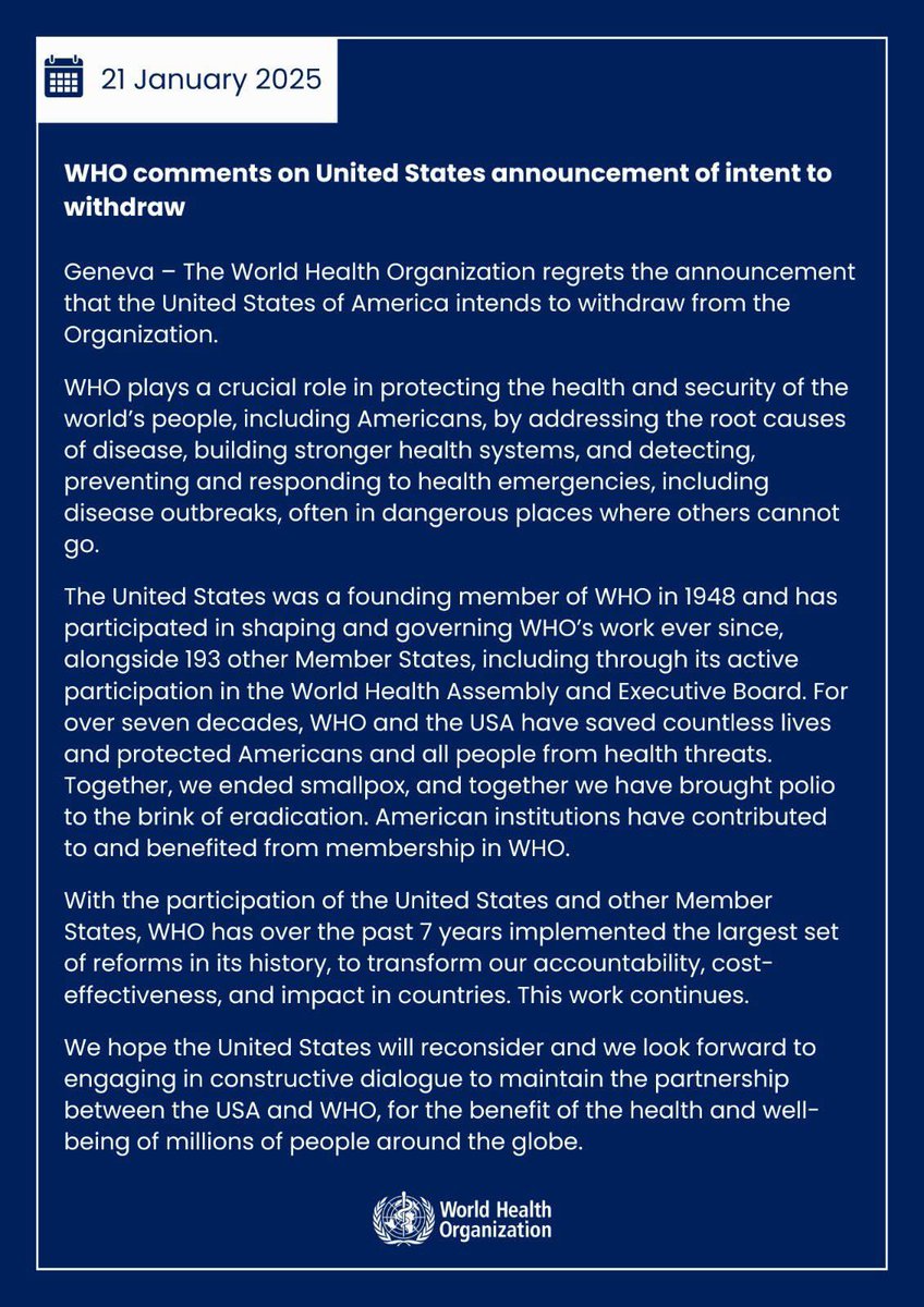 KenDBerryMD's tweet photo. The US withdrawing from the @WHO will...
1 - worsen the health of Americans
2 - improve the health of Americans
3 - make no difference
Share your thoughts please https://t.co/pWr9Z4Pyd1