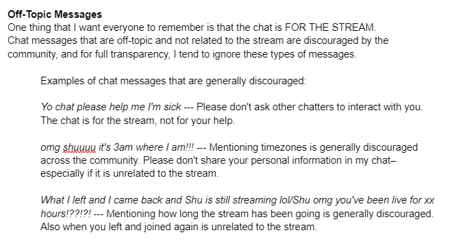 shu_yamino's tweet photo. Hey Guys! 

I still haven't found a good format to publish this but wanted to share this FAQ/Guide/Chat Rules for those interested c:

If you take the time to read this, thank you! I dive a bit deeper than typical chat rules, but I hope these make sense; if not feel free to ask me anything!