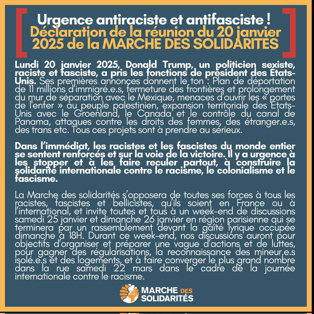 MSolidarites's tweet photo. 🔴Urgence antiraciste et antifasciste ! 

👉Communiqué de la MARCHE DES SOLIDARITÉS suite à la prise de fonction de Donald Trump 

Lundi 20 janvier 2025, Donald Trump, un politicien sexiste, raciste et fasciste, a pris les fonctions de président des États-Unis. https://t.co/K1cl5VlgBe