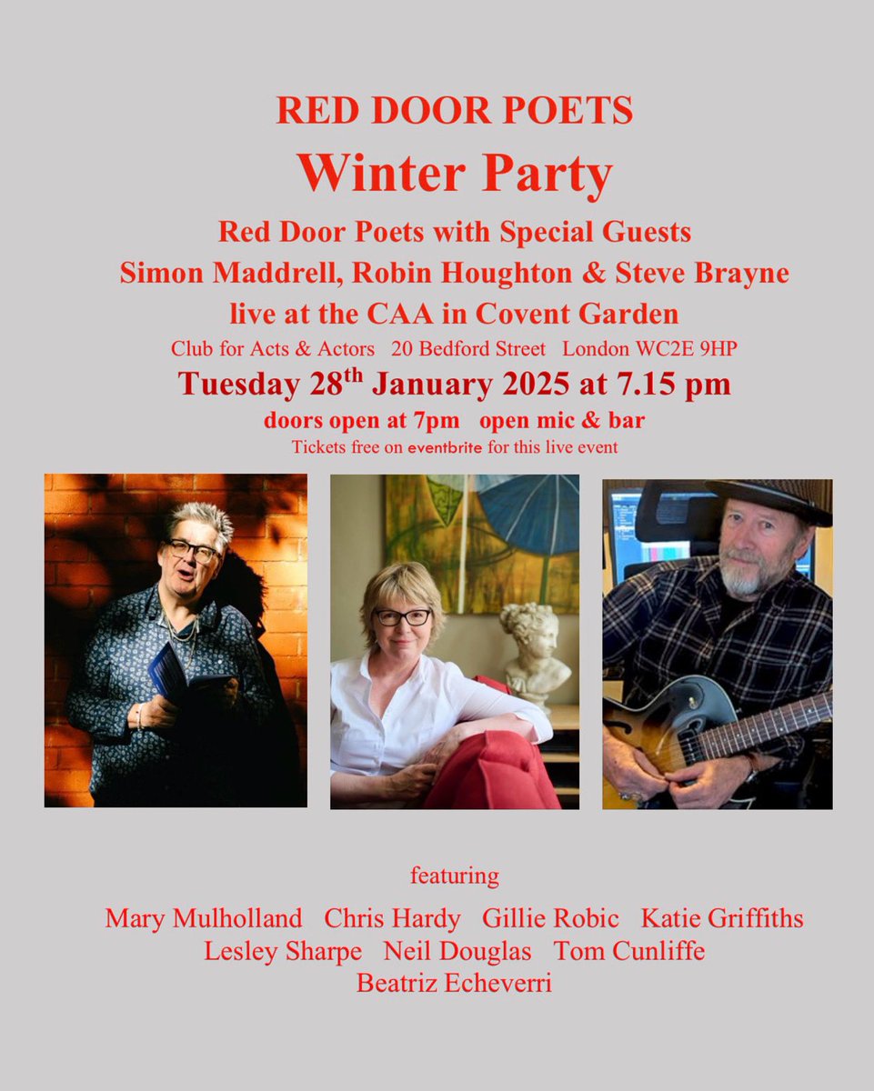Lesley Sharpe (@lesleyksharpe) on Twitter photo Don’t forget - NEXT TUESDAY 28th Jan <a href="/reddoorpoets/">@RedDoorPoets</a> Winter Party at the CAA in Covent Garden - come along to this live in-person event to hear our special guests, <a href="/QueerManxPoet/">Simon Maddrell</a> <a href="/RobinHoughton/">Robin Houghton</a> & musician Steve Brayne + open mic✨LIMITED SPACE SO PLEASE BOOK ON EVENTBRITE Don’t forget - NEXT TUESDAY 28th Jan <a href="/reddoorpoets/">@RedDoorPoets</a> Winter Party at the CAA in Covent Garden - come along to this live in-person event to hear our special guests, <a href="/QueerManxPoet/">Simon Maddrell</a> <a href="/RobinHoughton/">Robin Houghton</a> & musician Steve Brayne + open mic✨LIMITED SPACE SO PLEASE BOOK ON EVENTBRITE