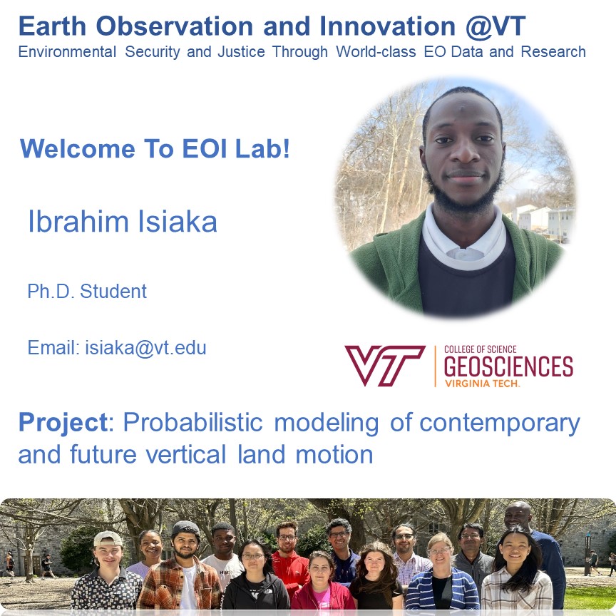 Manoochehr Shirzaei (@shirzaei) on Twitter photo **** Welcome ****
I am thrilled to present with you Ibrahim Isiaka (<a href="/OpeyemiIbrahiim/">Ibrahim Opeyemi</a> ), a new PhD student <a href="/EOI_lab/">Earth Observation & Innovation @VT</a> of <a href="/vtgeosciences/">Geosciences at VT</a> and <a href="/VT_Science/">Virginia Tech Science</a>. Ibrahim will be working on #probabilistic and #ML models of current and future #vertical #land motion. Please join me in welcoming **** Welcome ****
I am thrilled to present with you Ibrahim Isiaka (<a href="/OpeyemiIbrahiim/">Ibrahim Opeyemi</a> ), a new PhD student <a href="/EOI_lab/">Earth Observation & Innovation @VT</a> of <a href="/vtgeosciences/">Geosciences at VT</a> and <a href="/VT_Science/">Virginia Tech Science</a>. Ibrahim will be working on #probabilistic and #ML models of current and future #vertical #land motion. Please join me in welcoming