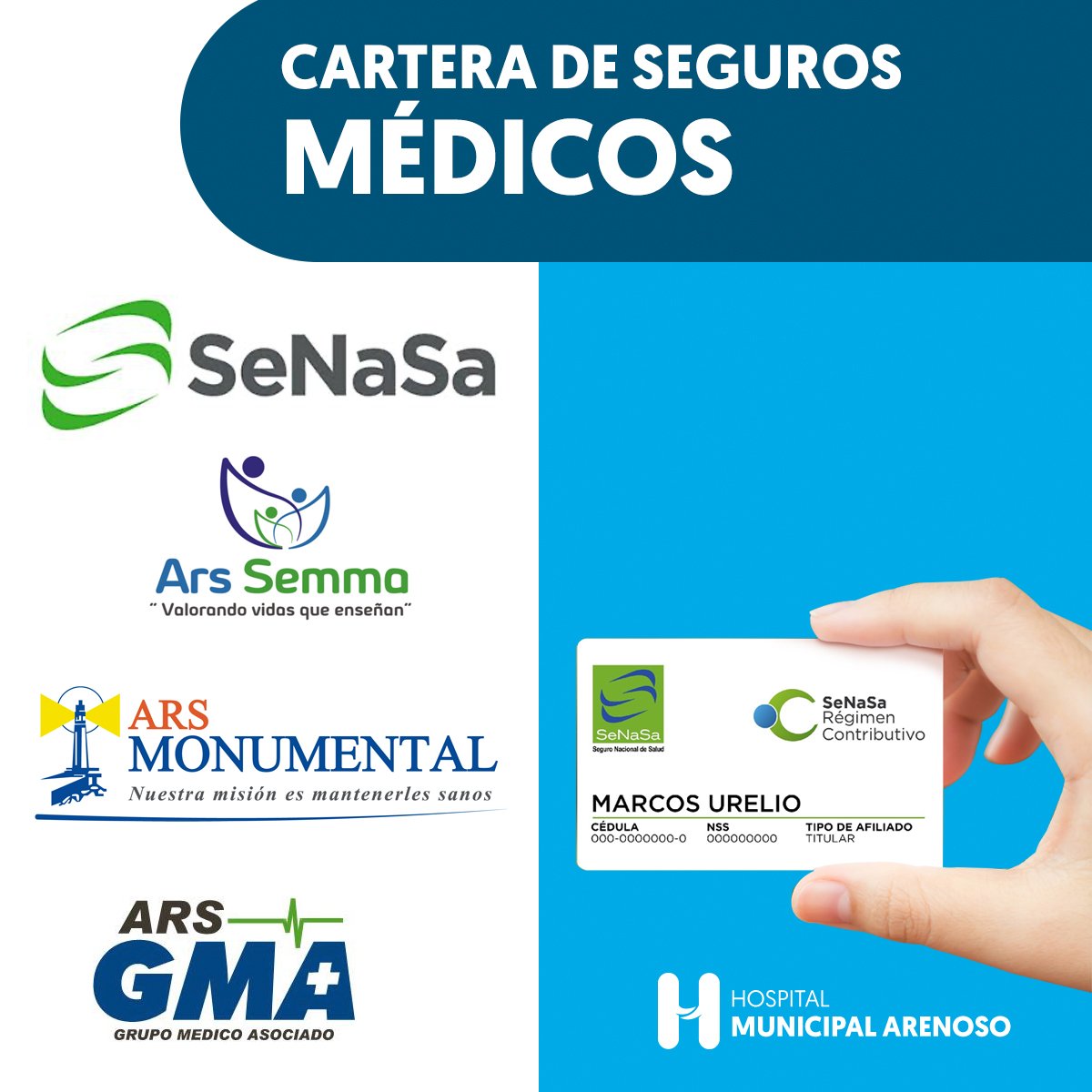 ArenosoHospital's tweet photo. 🏥✨ ¡En el Hospital Municipal de Arenoso trabajamos para ti! Aceptamos seguros médicos SENASA, ARS Monumental, ARS GMA y ARS Semma. 💙 Tu salud es nuestra prioridad. ¡Ven y recibe atención de calidad con el respaldo de tu seguro! #SaludParaTodos #Arenoso #CompromisoConLaSalud https://t.co/NnzfSdSxtl