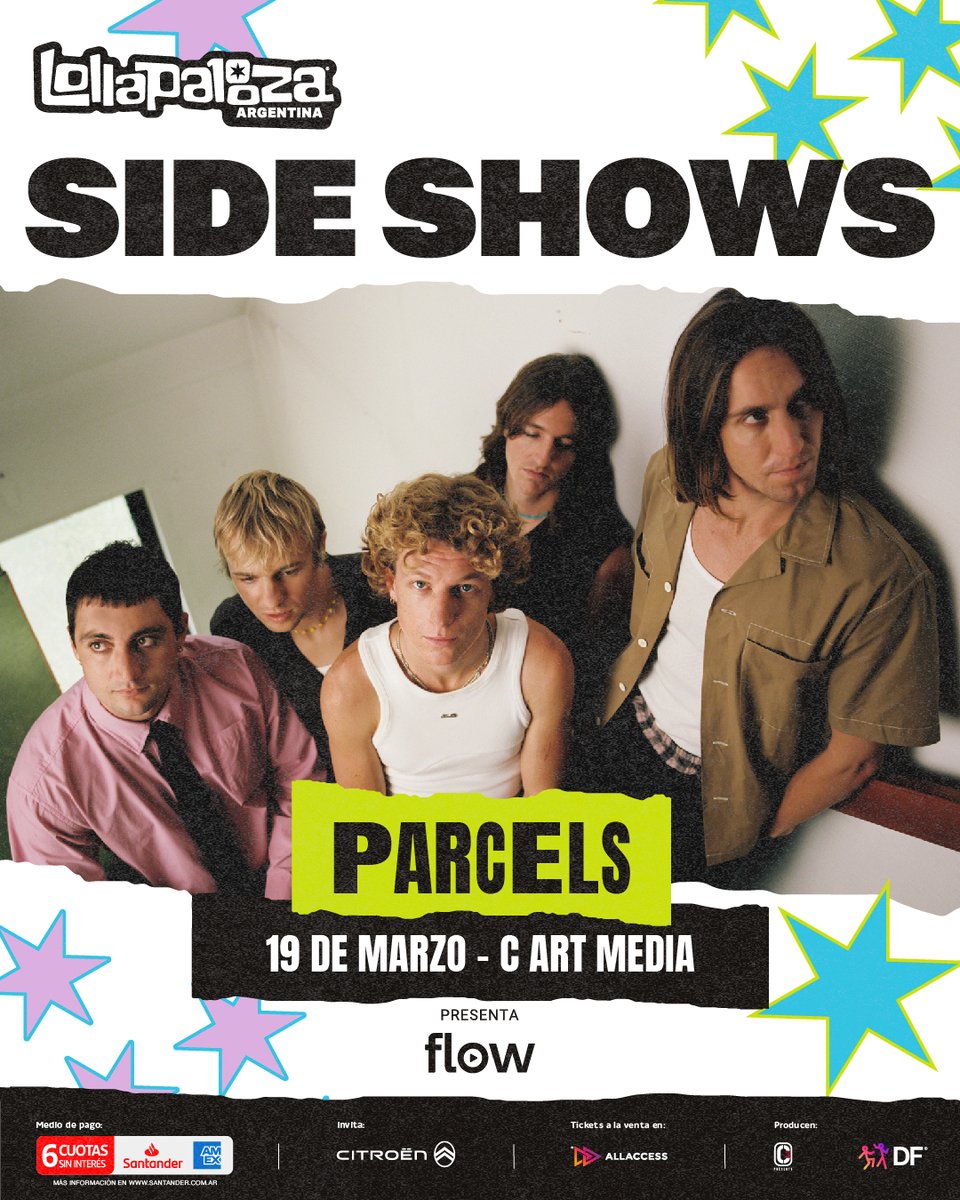 RecitArg's tweet photo. #LollaAR Anuncia Nuevos Sideshows ✨

Parcels
📅 19 de Marzo
📍C Art Media

💳 Preventa Santander AMEX 22/01 10hs
👉🏻 Venta General 23/01 10hs
🎟 Entradas en https://t.co/vc7BQxjE3f https://t.co/M5M8gBLwsK