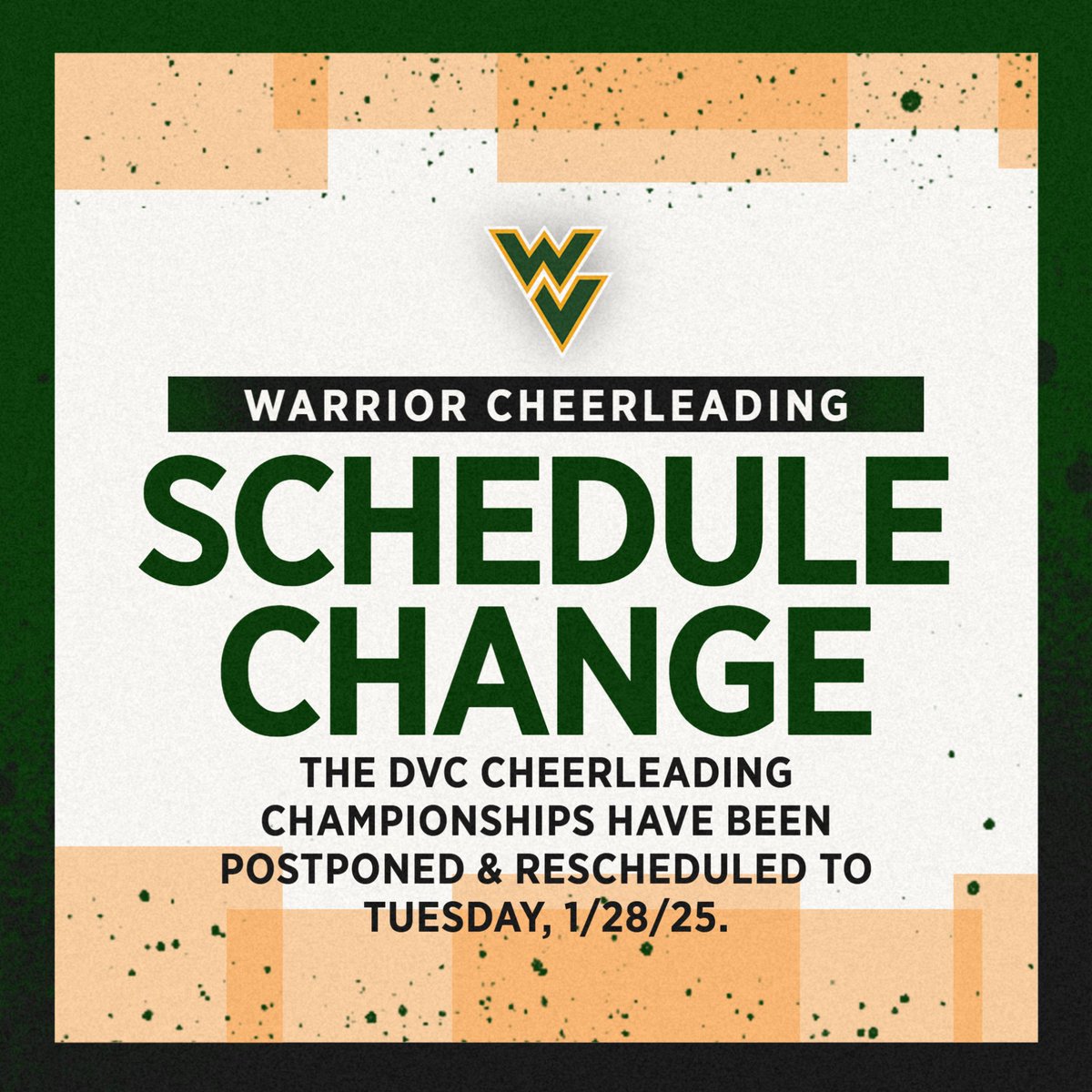 athleticswvhs's tweet photo. Today's DVC Cheerleading Championships have been postponed and rescheduled to Tuesday, 1/28/25. @WaubonsieCheer https://t.co/91YKMnEdzJ