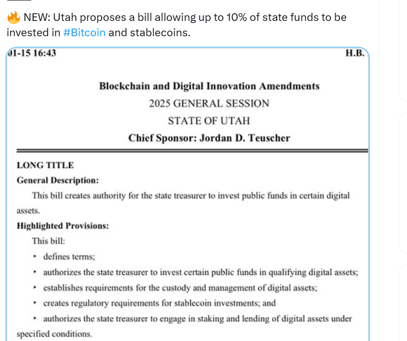 thecryptobasic's tweet photo. Utah Proposes Bill to Allow State Treasury to Invest Up to 10% in Bitcoin. https://t.co/hA1yBILcll