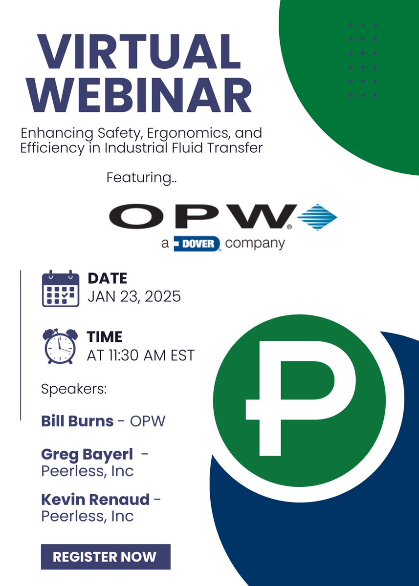 Peerless_Inc's tweet photo. Join Peerless and Bill Burns, an industry expert with extensive experience in industrial fluid transfer, for a webinar! https://t.co/YCt3QyGEe2 
 
#Peerless #OPW #Webinar #FluidTransfer #LoadingArms #SwivelJoints https://t.co/wcBJHMxh0Q