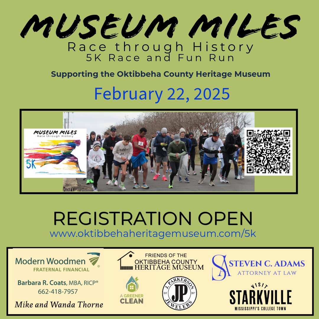 Ready, Set, Go!  It is time to register for Museum Miles: Race through History 5K Run sponsored by the Friends of the Oktibbeha County Heritage Museum.  #5K #StarkvilleMS