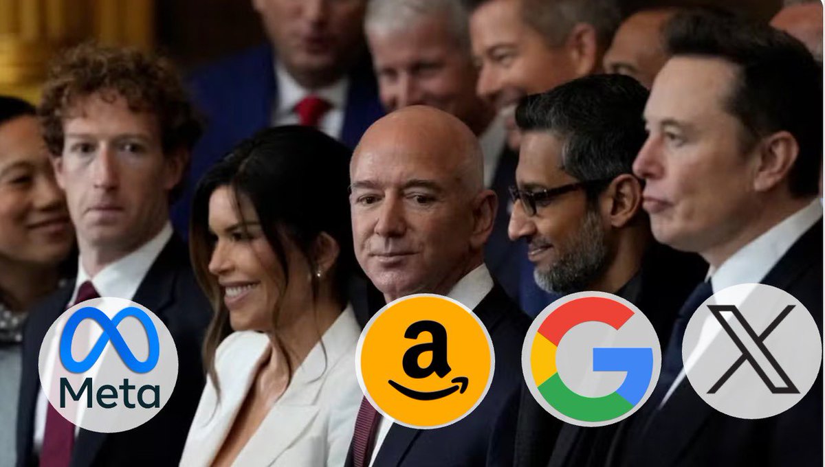 santswma's tweet photo. O impacto de uma imagem:

Na posse de @realDonaldTrump , três das pessoas mais ricas do planeta estiveram lado a lado: Elon Musk (Tesla), Jeff Bezos (Amazon) e Mark Zuckerberg (Meta). A soma de suas fortunas pessoais é impressionante e revela o poder financeiro que representam. https://t.co/6ORlH3CW84
