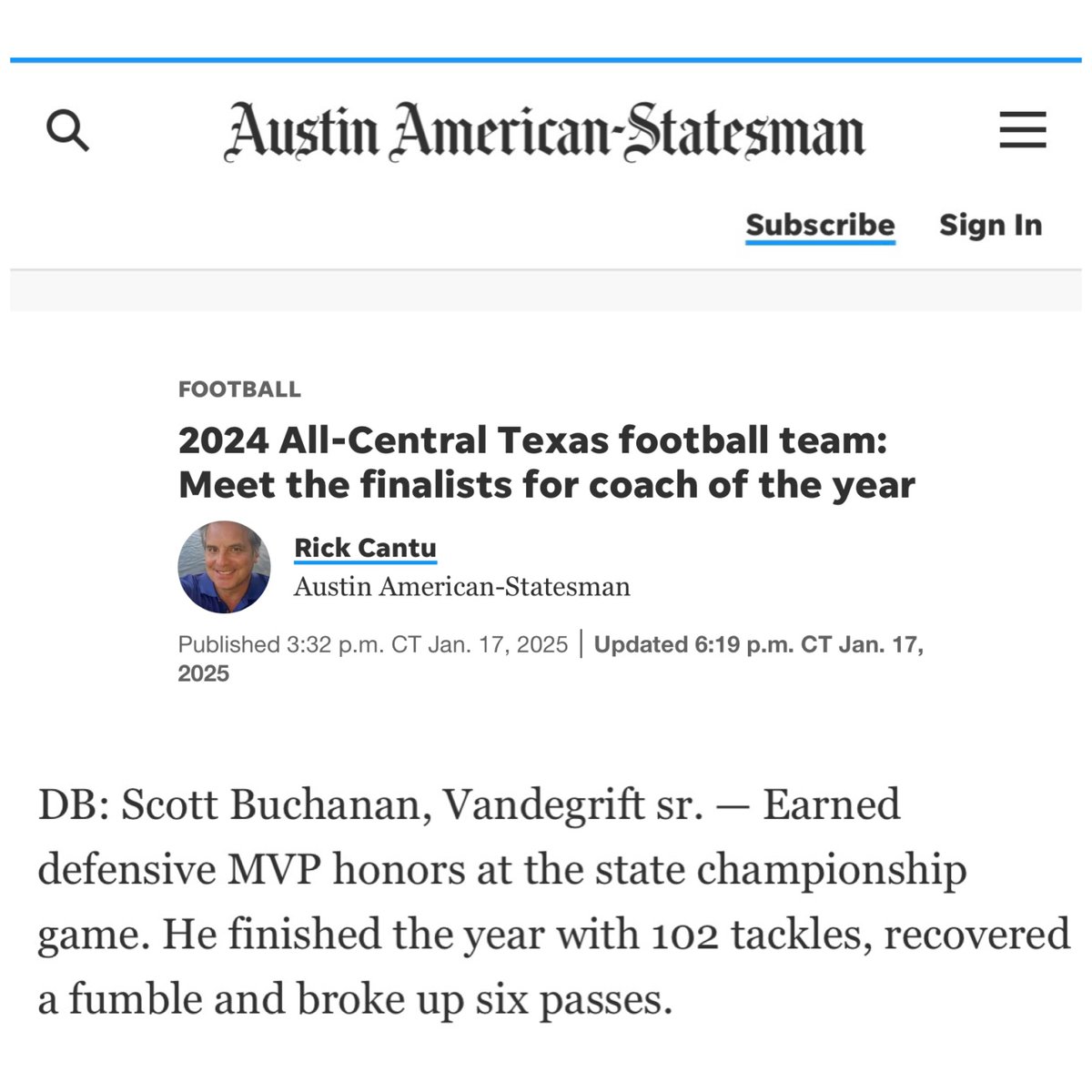 Thank you to the <a href="/statesman/">Austin Statesman</a> for recognizing me as an All-Central Texas CB for the 2024 season. Its truly an honor. <a href="/ScottLarkee/">Scott Larkee</a> <a href="/CoachBobBenson/">Bob Benson</a> <a href="/CoachjjClark/">J.J. Clark</a> <a href="/_CoachFitz/">Curt Fitzpatrick</a> <a href="/JWilson_2/">Julian Wilson</a> <a href="/Coach_Kukesh/">Andrew Kukesh</a> <a href="/JaredBackus1/">Jared Backus</a> <a href="/CoachDubin/">Conor Dubin</a> @CodyvonAppenCPU <a href="/TJH3_/">Ty Henderson</a> <a href="/CoachPhilLongo/">Phil Longo</a> <a href="/CoachNikNelson/">Nik Nelson</a>