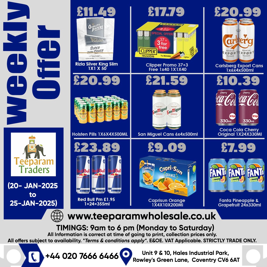 Teeparamtraders's tweet photo. 𝐃𝐞𝐚𝐫 𝐂𝐮𝐬𝐭𝐨𝐦𝐞𝐫𝐬 
Buy the following products at discounted wholesale prices from Teeparam Traders. 
.
𝑪𝒂𝒍𝒍  𝑼𝒔  - +44 024 7666 6466  
𝑽𝒊𝒔𝒊𝒕 𝑼𝒔  -  https://t.co/DzyGkDCZUG
#buldaknoodles #cookiedough #sanmiguel #clipperlighter #rizlasilver #carlsberg https://t.co/ePlU9EnTVj