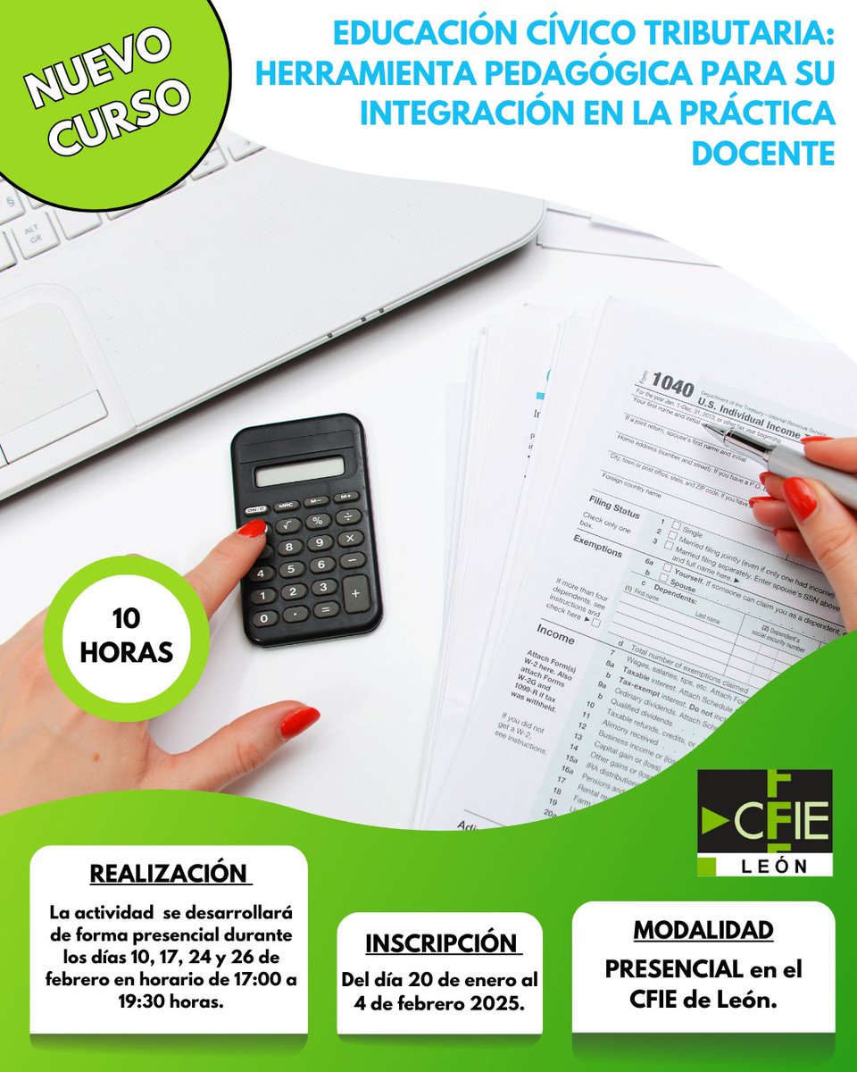 CFIEdeLeon's tweet photo. 📢📢NUEVO CURSO:  

"EDUCACIÓN CÍVICO TRIBUTARIA: HERRAMIENTA PEDAGÓGICA PARA SU INTEGRACIÓN EN LA PRÁCTICA DOCENTE"

ℹ️Convocatoria: https://t.co/aEiTbSGXZg
✍️Inscripción: https://t.co/Jx5bB3hLvJ

#formaciónCyl 
#jcyleducacion 
#formacióncfieleón https://t.co/a3xaKeS0Md