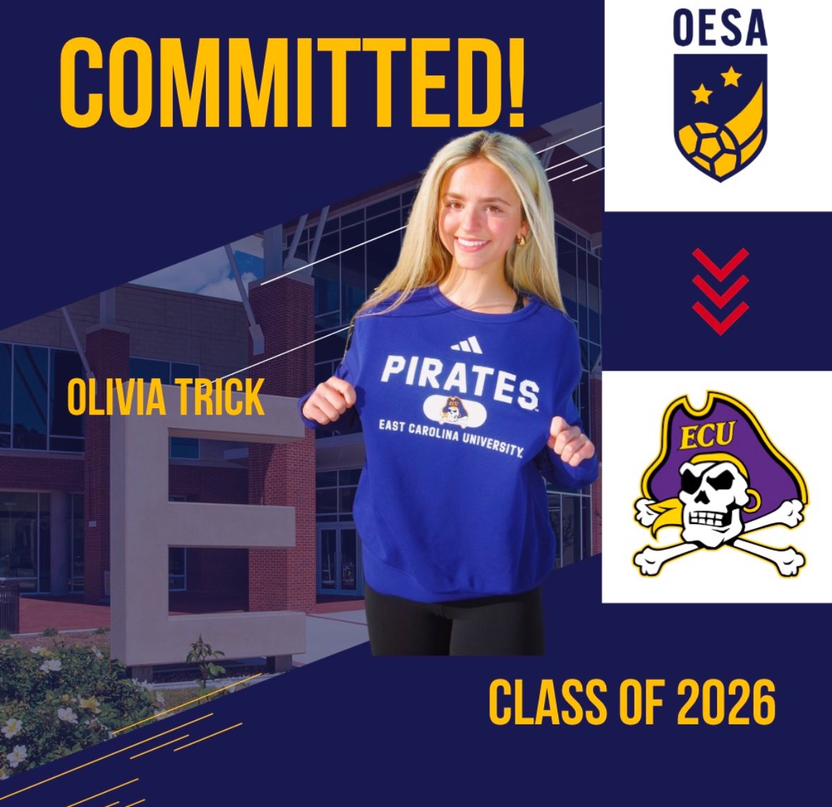 ohioelite's tweet photo. Congratulations to Olivia Trick on her commitment to East Carolina University!!  We are proud of you!  Olivia plays on our 2008 ECNL Team. https://t.co/qFWteQSCw0