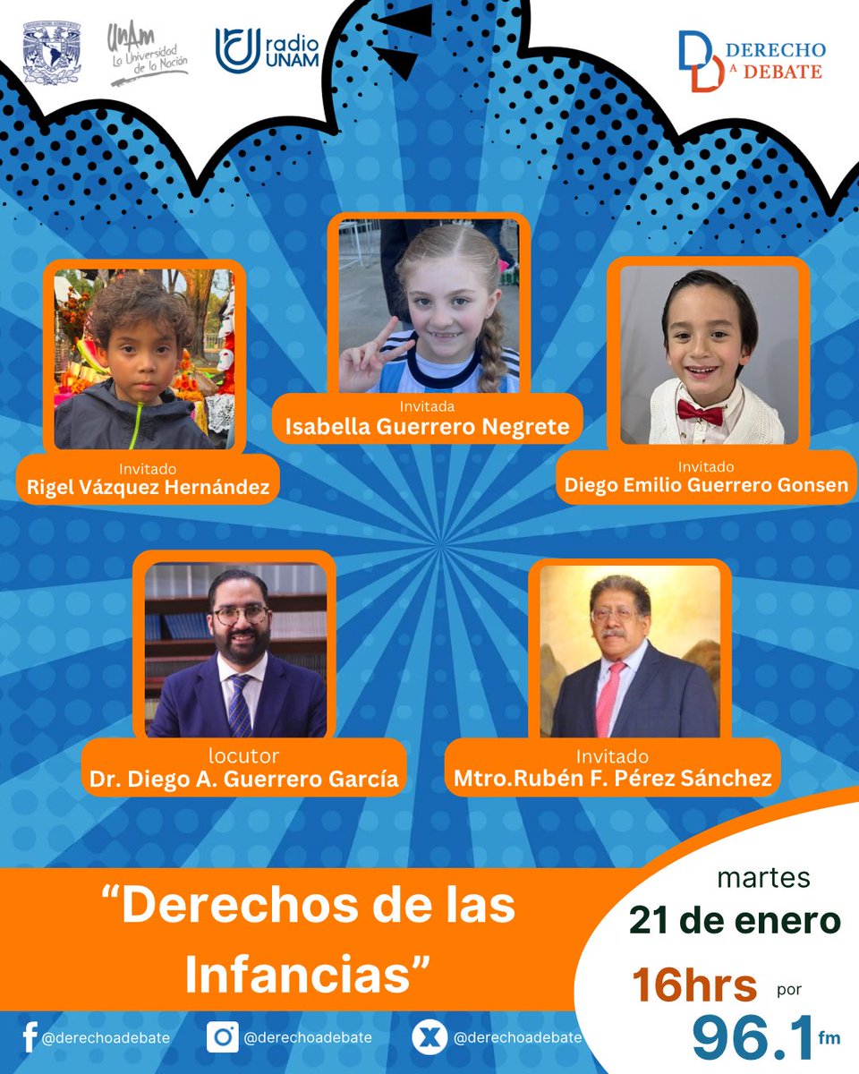 Derecho a Debate (@derechoadebate) on Twitter photo Invitados e invitada de lujo! Acompáñanos el día de hoy con el tema #Derechos de las #Infancias no te pierdas este gran episodio junto a la participación de #Rigel #Isabella #Emilio y el Mtro. <a href="/Ruben_F_PerezS/">Rubén F Pérez Sánchez</a>
🎙️ Dr. <a href="/DiegoAGuerreroG/">Diego Guerrero</a>
🎧 <a href="/RadioUNAM/">Radio UNAM</a> 96.1fm Invitados e invitada de lujo! Acompáñanos el día de hoy con el tema #Derechos de las #Infancias no te pierdas este gran episodio junto a la participación de #Rigel #Isabella #Emilio y el Mtro. <a href="/Ruben_F_PerezS/">Rubén F Pérez Sánchez</a>
🎙️ Dr. <a href="/DiegoAGuerreroG/">Diego Guerrero</a>
🎧 <a href="/RadioUNAM/">Radio UNAM</a> 96.1fm