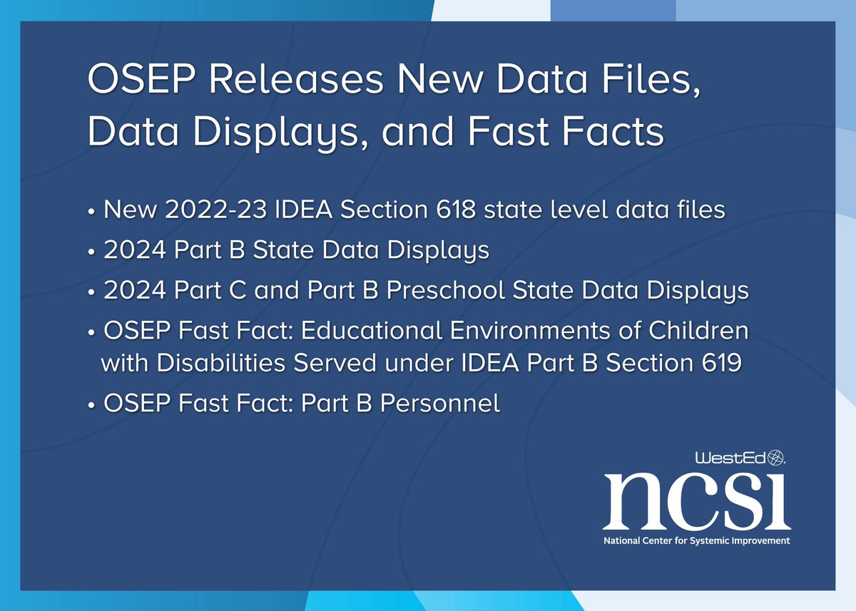 OSEP announced the release of new data files, data displays, and Fast Facts. Find the links to this information in this month’s OSEP Update Newsletter:  m1.info.ed.gov/rest/head/mirr…