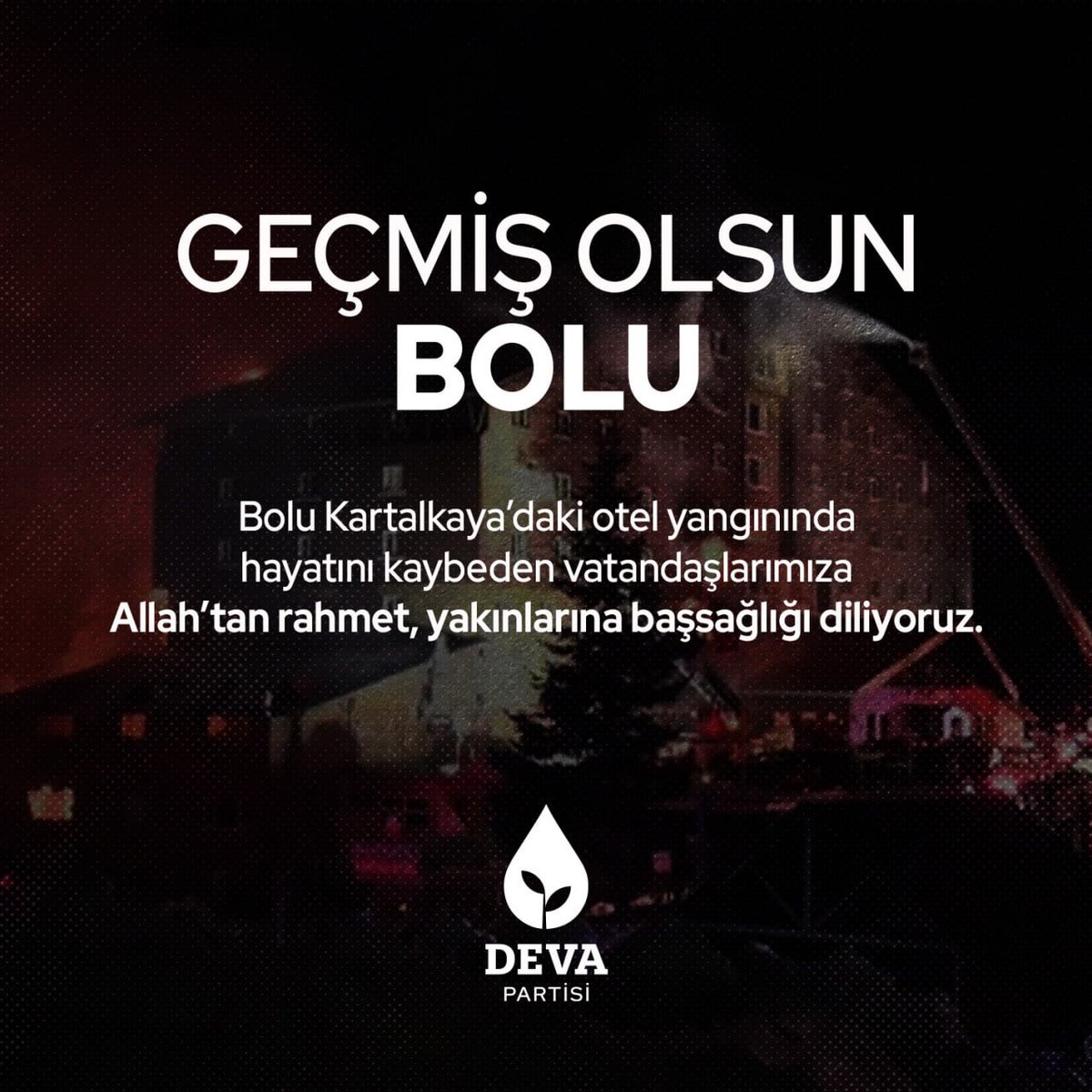 Başımız sağ olsun.

Bolu Kartalkaya’da meydana gelen otel yangınında hayatını kaybeden vatandaşlarımıza Allah’tan rahmet, yaralılarımıza acil şifalar diliyoruz.