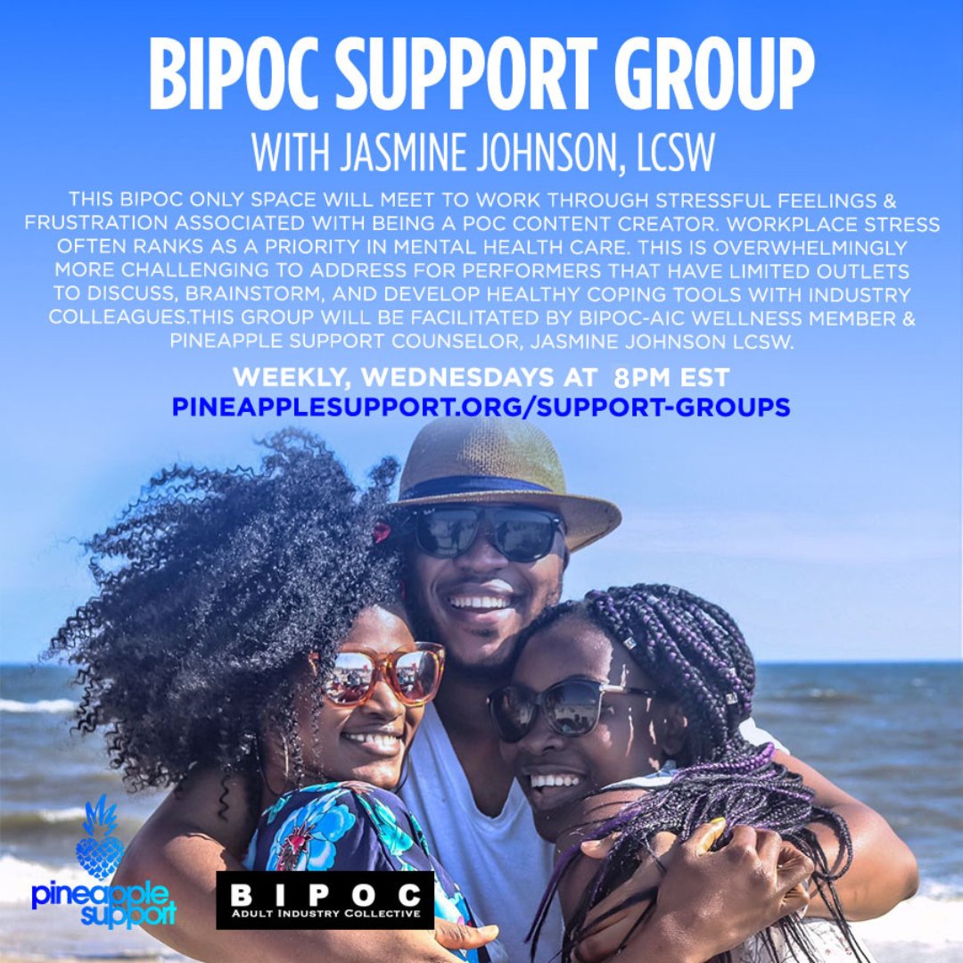 Pineapple Support (@pineappleysw) on Twitter photo Join us tomorrow at 8 PM EST for this BIPOC only support group,with Jasmine Johnson LSCW.
This group can be used as a supplement to individual counseling or on its own to gain insight from peers and licensed professionals.
Sign up here: pineapplesupport.org/support-groups
<a href="/BIPOC_AIC/">BIPOC Collective</a>
#BIPOC Join us tomorrow at 8 PM EST for this BIPOC only support group,with Jasmine Johnson LSCW.
This group can be used as a supplement to individual counseling or on its own to gain insight from peers and licensed professionals.
Sign up here: pineapplesupport.org/support-groups
<a href="/BIPOC_AIC/">BIPOC Collective</a>
#BIPOC