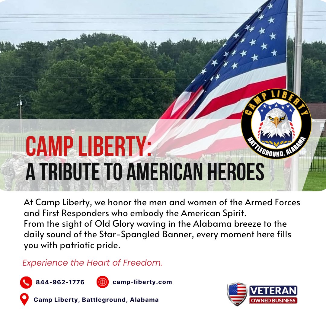 XMCCAMP's tweet photo. Camp Liberty Honoring the true American spirit! 🦅✨ From our Armed Forces to our First Responders, we pay tribute to the heroes who inspire us every day. 

📍 Camp Liberty, Battleground, Alabama
🌐 https://t.co/kOqVmRHYsO
☎️ Call 844-962-1776

 #campliberty #alabama #usa https://t.co/6O2W11niQx