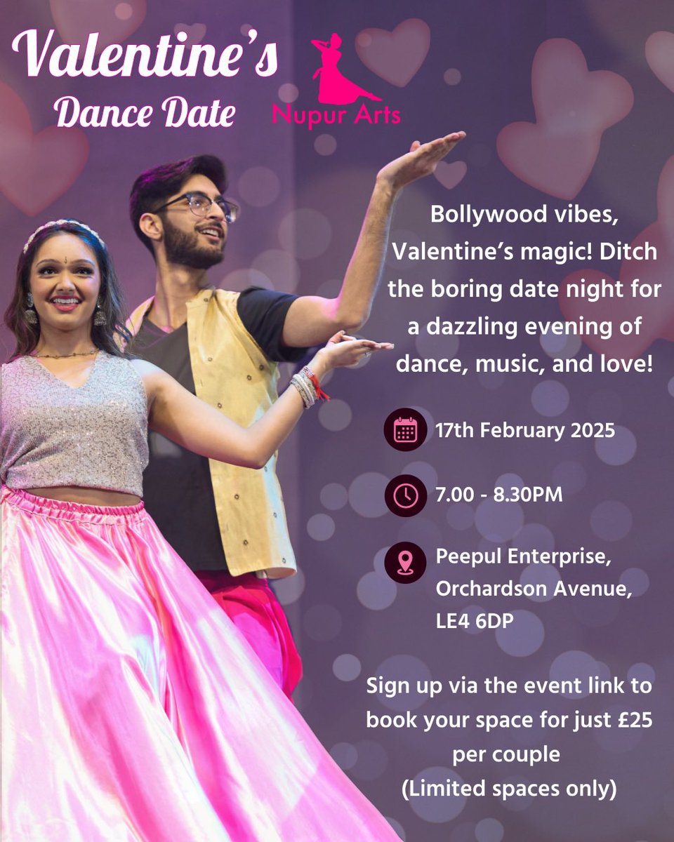 Looking for Valentine’s plans? We’ve got you! 💗

Sign up for our Valentines couples dance class and a glass of bubbly 🥂Bring your dance partners in this Valentines special dance class with Nupur Arts. 

🎟️ tickettailor.com/events/nupurar…
 
#Valentinesdance #datenight