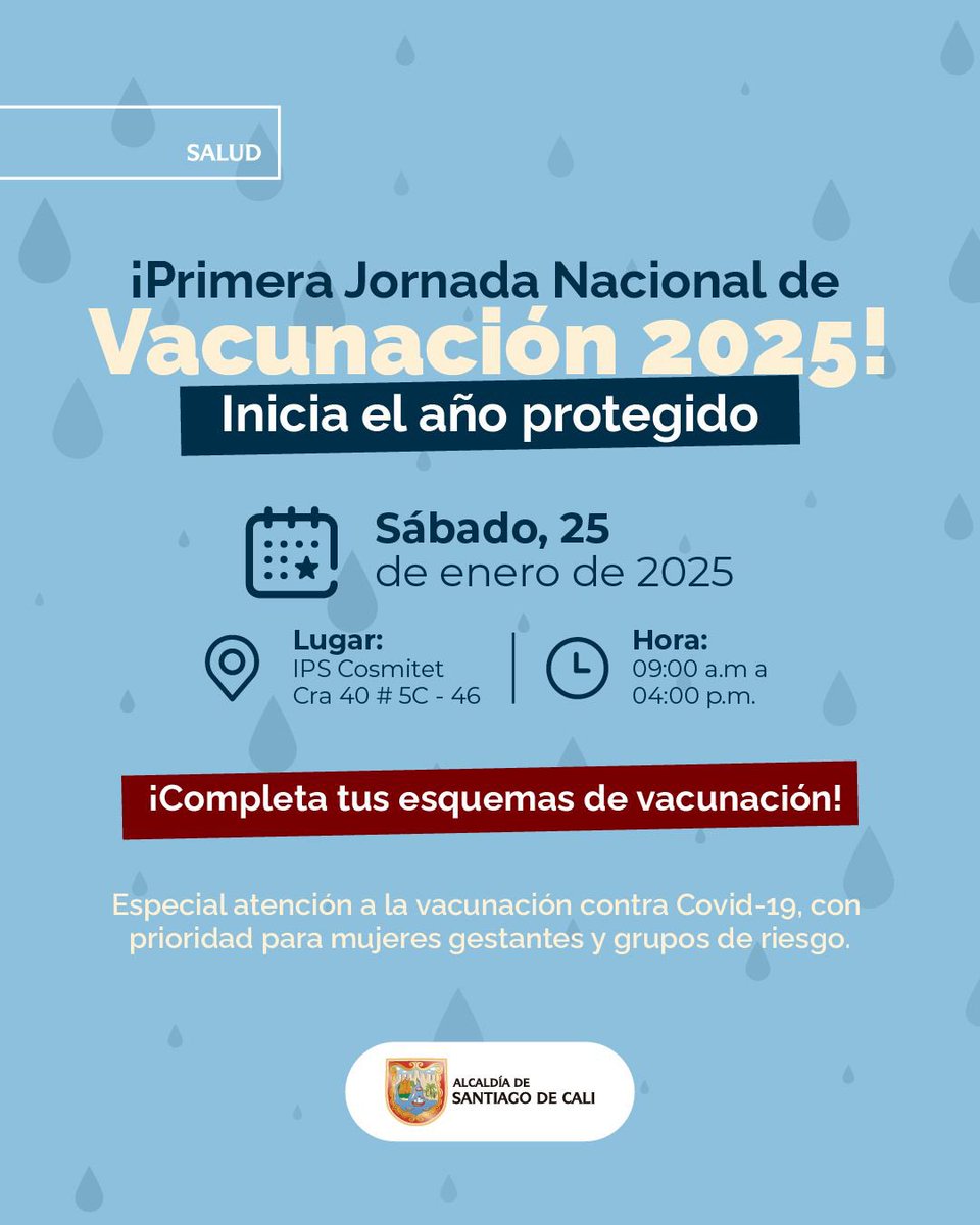 ¡Inicia el 2025 protegido! 🛡️

Este sábado 25 de enero, participa en la primera Jornada Nacional de Vacunación 2025 en más de 150 IPS de Cali. 💉

🩺 Completa tus dosis y previene complicaciones graves.

#RecuperemosCali