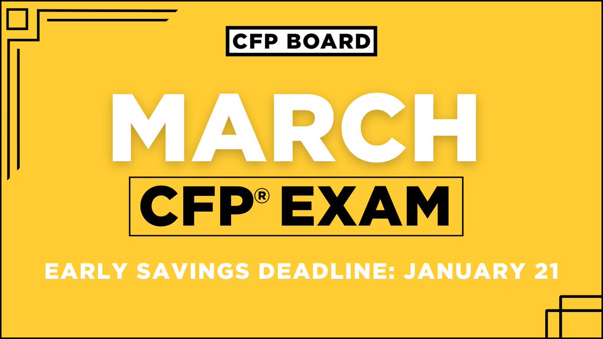 CFPBoard's tweet photo. To become a great financial planner, you need to plan — starting with your #CFPexam fee! Don’t miss the early pricing deadline for the March CFP® exam. Register today: https://t.co/KfFU6Ii6Je https://t.co/95UjhsuQpN