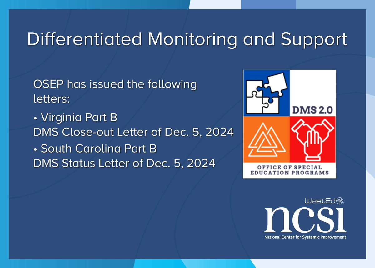 OSEP recently published Part B DMS letters for Virginia and South Carolina. Learn more at: sites.ed.gov/idea/grantees/…