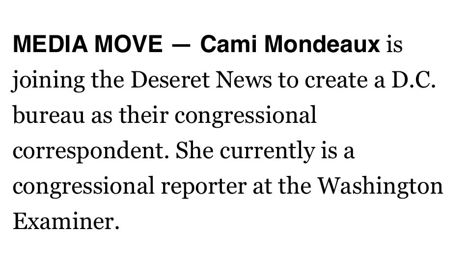 cami_mondeaux's tweet image. Suppose the secret is out — After 3.5 years, today is my last day @dcexaminer
I’m so excited to announce I’ll be joining @Deseret to continue covering Congress in their new DC bureau. SO thrilled for this challenge & I can’t wait to start!
Hill folks, keep 👀 out for new info