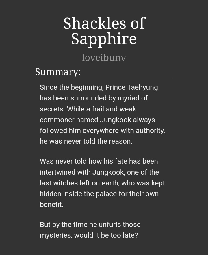loveibunv's tweet photo. [Shakles of Sapphire] #taekookau

🔮Royalty fic
🔮Prince Kim Taehyung
🔮Witch Jeon Jungkook
🔮Angst, Hurt/Comfort
🔮Mean/Protective Taehyung
🔮Whipped/sick Jungkook
🔮Black magic
🔮Explicit
🔮Ongoing, chapter 3 uploaded
🔮written for @RoyaltyTKFest

🔗https://t.co/W2umgPvN2R https://t.co/0sh5XMs8JC