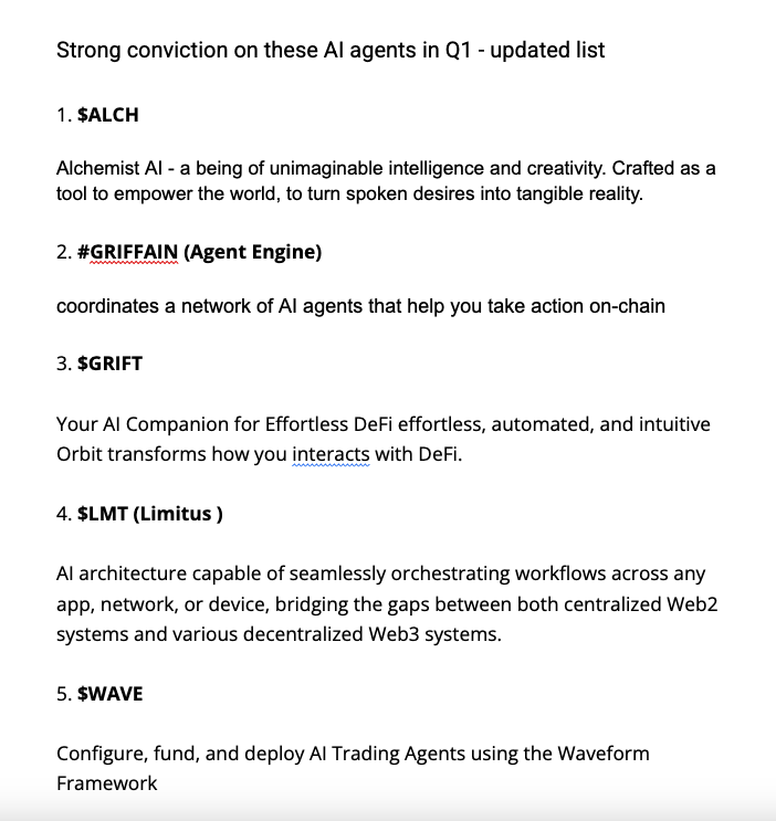cyrilXBT's tweet photo. Strong conviction on these AI agents - updated list for Q1

What else did I miss here? https://t.co/cv2P4cwVxS