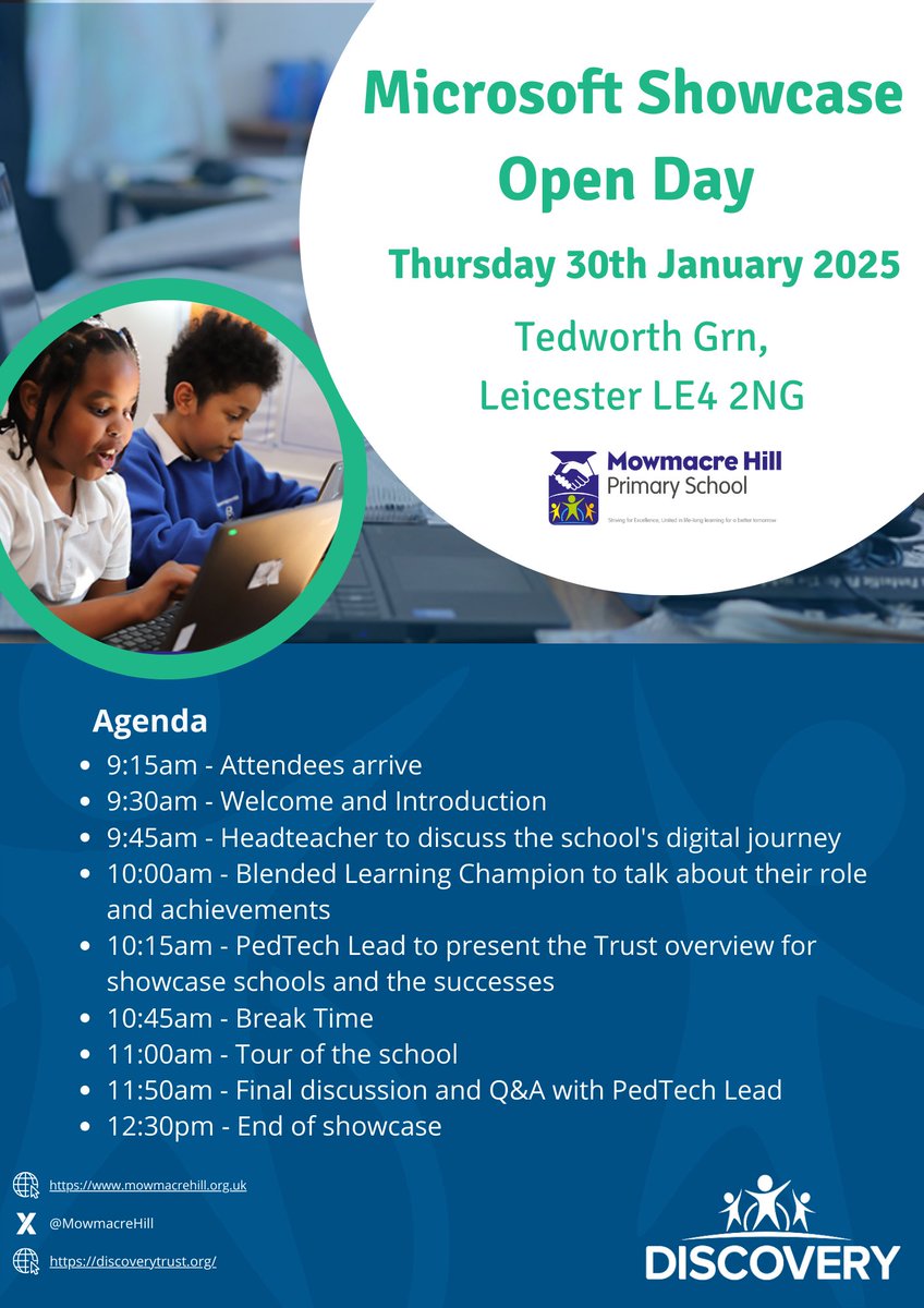 📢 We are excited to invite you to the
<a href="/MowmacreHill/">MowmacreHillPrimary</a> Microsoft Showcase Day on Thursday 30th January from 9am! 
Join us to see  blended learning in our curriculum and the positive impact technology has in our classrooms. Book now- buff.ly/3VP9CAD #MicrosoftShowcase