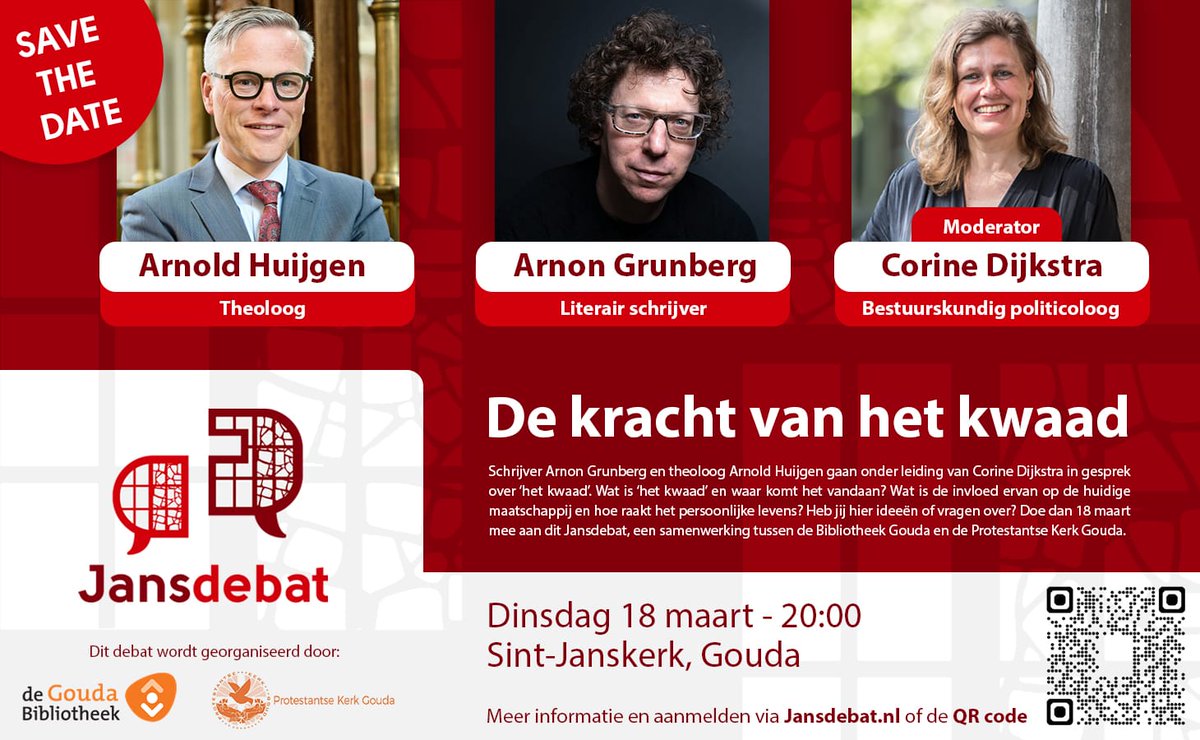 📅 SAVE THE DATE!
Dinsdag 18 maart is er weer een Jansdebat! Dit keer in samenwerking met de bibliotheek Gouda. <a href="/huijgen/">Arnold Huijgen</a> en <a href="/arnonyy/">Arnon Grunberg</a>  zullen met elkaar in debat gaan over het kwaad.

📝Informatie en aanmelden via Jansdebat.nl