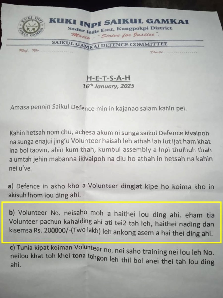 🚨Proof of #Kuki CSO <a href="/Kuki_Inpi/">Kuki Inpi</a> Forcing civilians to take up arms and Imposing Heavy Penalties on Volunteers Who Wish to Quit
 
Translation :
b) Volunteers are not allowed to quit. if he wants to quit, he must pay Rs: 200000(Two lakhs) and must prepare a feast as per custom.
