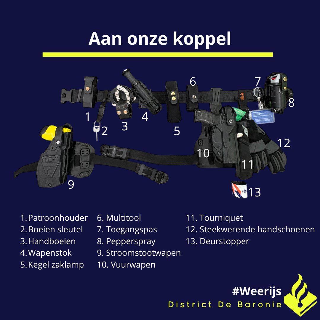 POL_Weerijs's tweet photo. Het politieuniform
Wat dragen wij allemaal met ons mee als we in uniform de straat op gaan? Dat laten we je graag zien! Swipe door de plaatjes om de details te zien.
#politie #politiewerk #uniform #wapen #pepperspray #stroomstootwapen #portofoon #handboeien https://t.co/QRYTTqoQ9Z