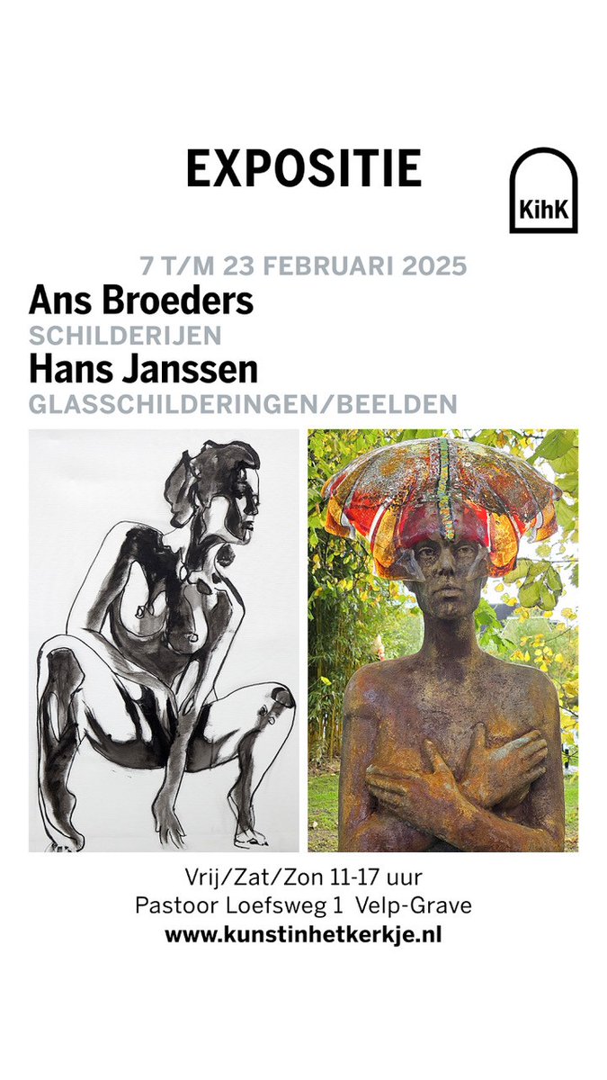In de maand februari exposeren Ans Broeders en Hans Janssen in het Vincentiuskerkje in Velp. Van 3D-papierobjecten tot glazen en plastische beelden. Ans Broeders toont haar schilderijen van vrouwelijk naakt.
zie kunstinhetkerkje.nl