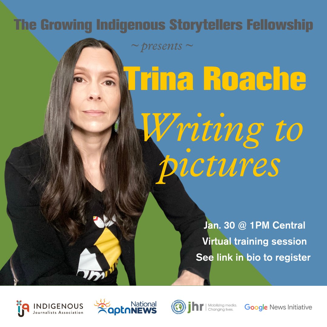 jhrnews's tweet photo. Pleased to kick off our guest speaker series for the Growing Indigenous Storytellers Fellowship with the amazing Trina Roache! 🔗: https://t.co/okQJRYT2zg

A storyteller at heart, Trina brings over two decades of reporting experience to her role as an educator. She will join us on Jan 30 at 1pm CT/2pm ET to lead a virtual training session on writing to pictures and reporting in Indigenous communities.

Register today!