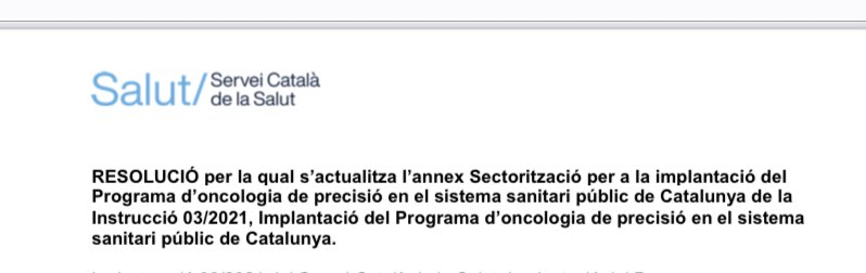 Ja hem entrat a la instrucció de Catsalut d'oncologia de precisió.
Un agraïment immens a la gent de <a href="/gencardio/">GenCardio</a>, anatomia patològia i ico <a href="/htrueta/">Hospital Trueta</a> per l'esforç d'aquests anys.