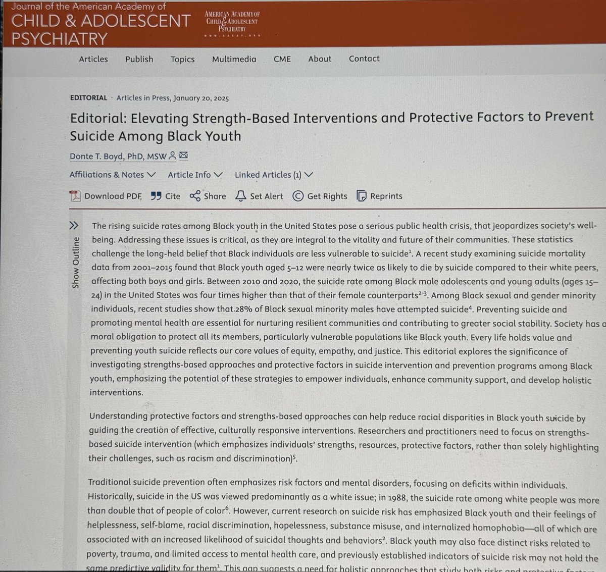 Hello Everyone,

When you get a chance check out my new editorial. Overall, using strength-based interventions and emphasizing protective factors contribute to a comprehensive and culturally sensitive strategy in suicide prevention among Black youth.