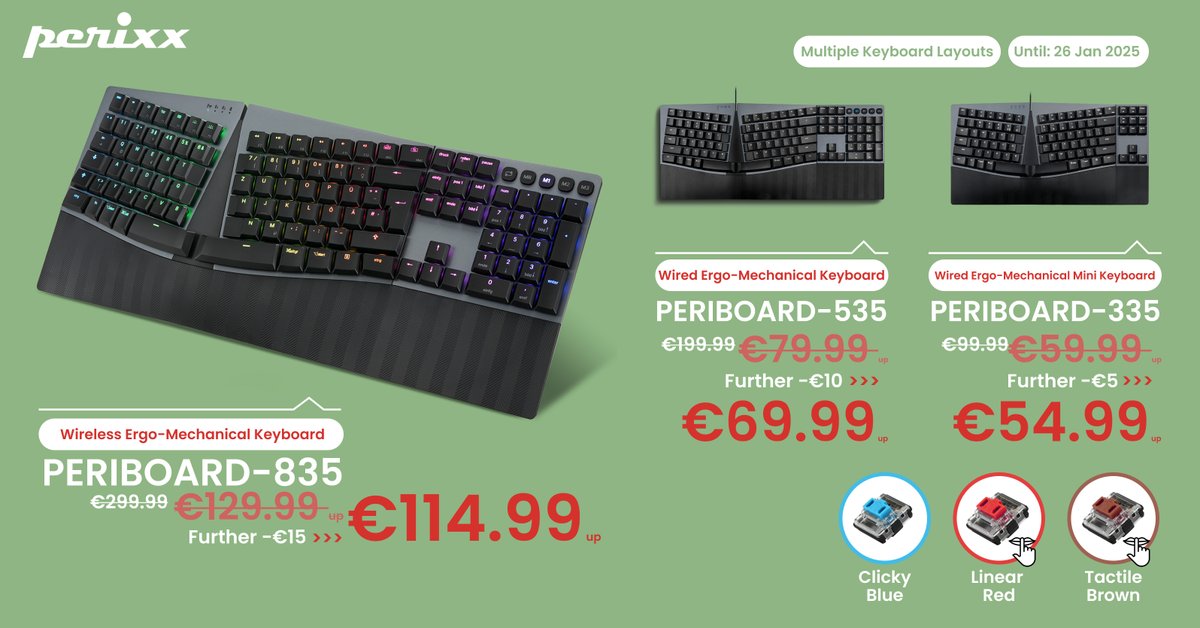 PerixxEU's tweet photo. 🎉 PERIXX Keyboard Sale – No Codes Needed! 
Save big on ergonomic mechanical keyboards:
🔹 PERIBOARD-835 Wireless
Was €299.99 → Now €114.99
🔹 PERIBOARD-535 Wired
Was €199.99 → Now €69.99
🔹 PERIBOARD-335 Mini Wired
Was €99.99 → Now €54.99
⏳ Offer ends Jan 26, 2025. https://t.co/3qDTzs0PeJ